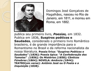Domingos José Gonçalves de
Magalhães, nasceu no Rio de
Janeiro, em 1811, e morreu em
Roma, em 1882.
publica seu primeiro livro, Poesias, em 1832.
Publica em 1836, Suspiros poéticos e
Saudades, considerado o primeiro livro Romântico
brasileiro, é de grande importância para o
Romantismo no Brasil e da reforma nacionalista da
nossa literatura. Poesia lírica: "Suspiros Poéticos e
Saudades" (1836); Poesia épica: "A Confederação dos
Tamoios" (1856); Os Mistérios (1858); Cânticos
Fúnebres (1864); NOVELA: Amância (1844);
TEATRO(em verso): Antônio José ou O Poeta e a
Inquisição (1838).
 