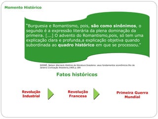 Momento Histórico
SODRÉ, Nelson Werneck.História da literatura brasileira: seus fundamentos econômicos.Rio de
Janeiro:Civilização Brasileira,1969.p.189
“Burguesia e Romantismo, pois, são como sinônimos, o
segundo é a expressão literária da plena dominação da
primeira. [...] O advento do Romantismo,pois, só tem uma
explicação clara e profunda,a explicação objetiva quando
subordinada ao quadro histórico em que se processou.”
Fatos históricos
Revolução
Francesa
Primeira Guerra
Mundial
Revolução
Industrial
 