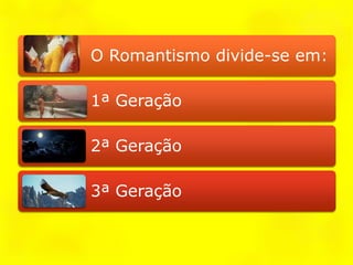 O Romantismo divide-se em:
1ª Geração
2ª Geração
3ª Geração
 