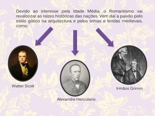 Devido ao interesse pela Idade Média, o Romantismo vai
revalorizar as raízes históricas das nações. Vem daí a paixão pelo
estilo gótico na arquitectura e pelos temas e lendas medievais,
como:
Walter Scott
Alexandre Herculano
Irmãos Grimm
 