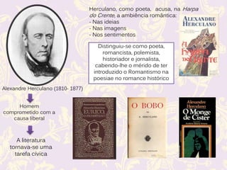 Alexandre Herculano (1810- 1877)
Homem
comprometido com a
causa liberal
A literatura
tornava-se uma
tarefa cívica
Herculano, como poeta, acusa, na Harpa
do Crente, a ambiência romântica:
- Nas ideias
- Nas imagens
- Nos sentimentos
Distinguiu-se como poeta,
romancista, polemista,
historiador e jornalista,
cabendo-lhe o mérido de ter
introduzido o Romantismo na
poesiae no romance histórico
 