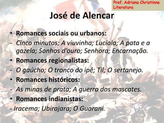 José de Alencar
• Romances sociais ou urbanos:
- Cinco minutos; A viuvinha; Lucíola; A pata e a
gazela; Sonhos d’ouro; Senhora; Encarnação.
• Romances regionalistas:
- O gaúcho; O tronco do ipê; Til; O sertanejo.
• Romances históricos:
- As minas de prata; A guerra dos mascates.
• Romances indianistas:
- Iracema; Ubirajara; O Guarani.
 