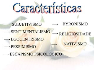 SUBJETIVISMO
SENTIMENTALISMO
EGOCENTRISMO
PESSIMISMO
ESCAPISMO PSICOLÓGICO
BYRONISMO
RELIGIOSIDADE
NATIVISMO
 