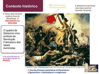 1. Se inicia na França,
Alemanha e Inglaterra
2. Momento em que temos
uma classe social em
ascensão: Burguesia
3. Temos neste momento
a palavra chave do
Romantismo: A
IDEALIZAÇÃO uma
IDEOLOGIA
4. No século XIX entra um
grande gênero literário: O
ROMANCE.
(Um tipo de Texto, Gênero) –
Um gênero Burguês. Nasce
para atender as
necessidades da burguesia.
Ou seja: ´´eu quero ouvir
falar da minha classe``.
5. Uma das principais características do Romantismo é
o Egocentrismo, o individualismo e o subjetivismo.
 