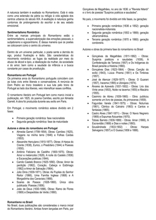 A natureza também é exaltada no Romantismo. Está é vista
como uma extensão da pátria ou refúgio à vida agitada dos
centros urbanos do século XIX. A exaltação à natureza ganha
contornos de prolongamento do escritor e de seu estado
emocional.
Sentimentalismo Romântico
Entre as marcas principais do Romantismo estão o
sentimentalismo, a supervalorização das emoções pessoais, o
subjetivismo e egocentrismo. É dessa maneira que os poetas
se colocavam como o centro do universo.
Dentro de um universo particular, o poeta sente a derrota do
ego, produz frustração e tédio. São características do
movimento romântico: as fugas da realidade por meio do
abuso de álcool e ópio, a idealização da mulher, da sociedade
e do amor, bem como a saudade da infância e a busca
constante por casas de prostituição.
Romantismo em Portugal
Os primeiros anos do Romantismo português coincidem com
as lutas civis entre liberais e conservadores. A renúncia de
Dom Pedro ao trono brasileiro e sua luta pelo trono de
Portugal ao lado dos liberais, veio intensificar esses conflitos.
O romantismo literário em Portugal tem como marco inicial a
publicação, em 1825, do poema Camões, escrito por Almeida
Garrett. A obra foi produzida durante seu exílio em Paris.
Em Portugal, o movimento romântico esteve dividido em 2
fases:
 Primeira geração romântica: fase nacionalista
 Segunda geração romântica: fase de maturidade
Autores e obras do romantismo em Portugal
 Almeida Garret (1799-1854). Obras: Camões (1825),
Viagens na minha terra (1846) e Folhas Caídas
(1853).
 Alexandre Herculano (1810-1877). Obras: A Harpa do
Crente (1838), Eurico, o Presbítero (1844) e Poesias
(1850).
 Antônio Feliciano de Castilho (1800-1875). Obras:
Amor e melancolia (1828), A noite do Castelo (1836)
e Escavações poéticas (1844).
 Camilo Castelo Branco (1825-1890). Obras: Amor de
perdição (1862), Coração, Cabeça e Estômago
(1862) e Amor de Salvação (1864).
 Júlio Dinis (1839-1871). Obras: As Pupilas do Senhor
Reitor (1866), Uma Família Inglesa (1868) e A
Morgadinha dos Canaviais (1868).
 Soares de Passos (1826-1860). Única obra
publicada: Poesias (1856).
 João de Deus (1830-1896). Obras: Ramo de Flores
(1869) e Despedidas de Verão (1880).
Romantismo no Brasil
No Brasil, duas publicações são consideradas o marco inicial
do Romantismo literário. Ambas foram lançadas em Paris, por
Gonçalves de Magalhães, no ano de 1836: a "Revista Niterói"
e o livro de poesias "Suspiros poéticos e saudades".
No país, o movimento foi dividido em três fases, ou gerações:
 Primeira geração romântica (1836 a 1852): geração
nacionalista-indianista.
 Segunda geração romântica (1853 a 1869): geração
ultrarromântica.
 Terceira geração romântica (1870 a 1880): geração
condoreira.
Autores e obras da primeira fase do romantismo no Brasil
 Gonçalves de Magalhães (1811-1882) - Obras:
Suspiros poéticos e saudades (1836), A
Confederação de Tamoios (1857) e Os Indígenas do
Brasil perante a História (1860).
 Gonçalves Dias (1823-1864) - Obras: Canção do
exílio (1843), I-Juca- Pirama (1851) e Os Timbiras
(1857).
 José de Alencar (1829-1877) - Obras: O Guarani
(1857), Iracema (1865) e Ubirajara (1874).
 Álvares de Azevedo (1831-1852) - Obras: Lira dos
Vinte anos (1853), Noite na taverna (1855) e Macário
(1855).
 Casimiro de Abreu (1839-1860) - Obra: publicou
somente um livro de poesias, As primaveras (1859).
 Fagundes Varela (1841-1875) - Obras: Noturnas
(1861), Cântico do Calvário (1863) e Cantos e
fantasias (1865).
 Castro Alves (1847-1871) - Obras: O Navio Negreiro
(1869) e Espumas flutuantes (1870).
 Tobias Barreto (1839-1889) - Obras: Amar (1866), A
Escravidão (1868) e Dias e noites (1893).
 Sousândrade (1833-1902) - Obras: Harpas
Selvagens (1857) e O Guesa (1858 e 1888).
 