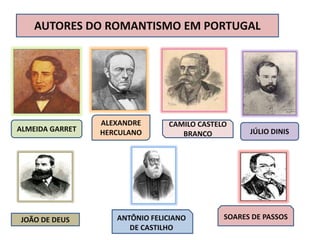AUTORES DO ROMANTISMO EM PORTUGAL
ALMEIDA GARRET
ALEXANDRE
HERCULANO
CAMILO CASTELO
BRANCO
JOÃO DE DEUS ANTÔNIO FELICIANO
DE CASTILHO
SOARES DE PASSOS
JÚLIO DINIS
 