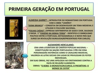 PRIMEIRA GERAÇÃO EM PORTUGAL
ALMEIDA GARRET – INTRODUTOR DO ROMANTISMO EM PORTUGAL
COM A OBRA “CAMÕES”.
“DONA BRANCA” – CONSISTIA EM DESENVOLVER UM TEMA MEDIEVAL E
UTILIZAR O FOLCLORE NACIONAL.
“FOLHAS CAÍDAS”- EXPRESSA SENTIMENTOS DE GOZO E DOR, SAUDADE
E RAIVA. E “VIAGENS NA MINHA TERRA” - IDENTIFICA O SIMBOLISMO
POLÍTICO ENTRE O PORTUGAL ANTIGO(IGREJA) E O NOVO PAÍS QUE
SURGE DA REVOLUÇÃO BURGUESA(REPRESENTADO POR CARLOS).
ALEXANDRE HERCULANO-
CRIA UMA LITERATURA DE CARÁTER POPULAR NACIONAL –
CONSTITUIÇÃO DA NAÇÃO PORTUGUESA E PÕE EM CENA
PERSONAGENS HISTÓRICAS COMO O CAVALEIRO MEDIEVAL.
VALORIZA AS LUTAS SOCIAIS EM LUGAR DE PRIVILEGIAR OS FEITOS
INDIVIDUAIS.
EM SUAS OBRAS, FAZ UMA APOLOGIA AO CRISTIANISMO CONTRA A
FALTA DE RELIGIÃO ILUMINISTA.
OBRAS: “O BOBO, O MONASTICON:EURICO, O PRESBÍTERO, O
MONGE DE CISTER”
 