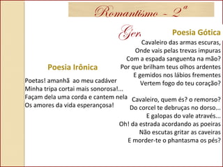 Romantismo – 2ª
Geração Poesia Gótica
Poetas! amanhã ao meu cadáver
Minha tripa cortai mais sonorosa!...
Façam dela uma corda e cantem nela
Os amores da vida esperançosa!
Cavaleiro das armas escuras,
Onde vais pelas trevas impuras
Com a espada sanguenta na mão?
Por que brilham teus olhos ardentes
E gemidos nos lábios frementes
Vertem fogo do teu coração?
Cavaleiro, quem és? o remorso?
Do corcel te debruças no dorso...
E galopas do vale através...
Oh! da estrada acordando as poeiras
Não escutas gritar as caveiras
E morder-te o phantasma os pés?
Poesia Irônica
 