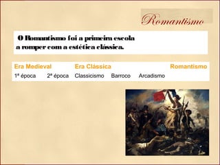 O Romantismo foi a primeira escola
a rompercoma estética clássica.
Romantismo
Era Medieval Era Clássica Romantismo
1ª época 2ª época Classicismo Barroco Arcadismo
 