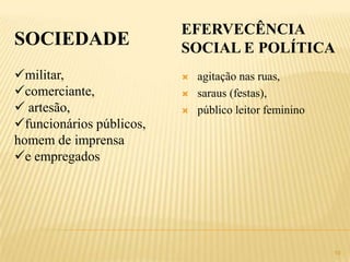 EFERVECÊNCIA
SOCIEDADE                 SOCIAL E POLÍTICA
militar,                    agitação nas ruas,
comerciante,                saraus (festas),
 artesão,                   público leitor feminino
funcionários públicos,
homem de imprensa
e empregados




                                                        10
 