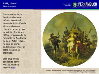ARTE, 2º Ano
Romantismo
Nesse momento, o
Brasil recebe forte
influência cultural
europeia, intensificada
ainda mais com a
chegada de um grupo
de artistas franceses
(1816), encarregado da
fundação da Academia
de Belas Artes (1826),
na qual os alunos
poderiam aprender as
artes e os ofícios
artísticos.
Esse grupo ficou
conhecido como
Missão Artística
Francesa (13).
Imagem: Nicolas-Antoine Taunay / Regresso das bodas, de 1801 a 1815 / Museu
Nacional de Arte Antiga / Domínio Público.
 