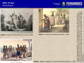 ARTE, 2º Ano
Romantismo
Debret - Família de Botocudos em marcha, 1834. Debret – Grupo de vendedoras baianas , 1826.
Debret – Negros cargueiro. Escravos Urbanos no Brasil, c. 1822
Imagem:(a)Jean-BaptisteDebret/FamíliadeBotocudosemmarcha,1834/Pinacotecado
EstadodeSãoPaulo/PublicDomain,(b)Jean-BaptisteDebret/Groupof"baianas"sellingtheir
goodsinXIXthCenturyRiodeJaneiro,1826/PublicDomaine(c)Jean-BaptisteDebret/Negros
cangueiros.EscravosurbanosnoBrasil,cercade1830/NewYorkPublicLibrary-DigitalGallery/
PublicDomain.
 