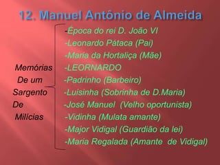 -Época do rei D. João VI
-Leonardo Pátaca (Pai)
-Maria da Hortaliça (Mãe)
Memórias -LEORNARDO
De um -Padrinho (Barbeiro)
Sargento -Luisinha (Sobrinha de D.Maria)
De -José Manuel (Velho oportunista)
Milícias -Vidinha (Mulata amante)
-Major Vidigal (Guardião da lei)
-Maria Regalada (Amante de Vidigal)
 