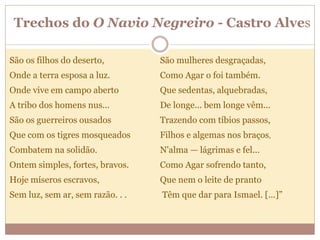 Trechos do O Navio Negreiro - Castro Alves
São os filhos do deserto,
Onde a terra esposa a luz.
Onde vive em campo aberto
A tribo dos homens nus...
São os guerreiros ousados
Que com os tigres mosqueados
Combatem na solidão.
Ontem simples, fortes, bravos.
Hoje míseros escravos,
Sem luz, sem ar, sem razão. . .
São mulheres desgraçadas,
Como Agar o foi também.
Que sedentas, alquebradas,
De longe... bem longe vêm...
Trazendo com tíbios passos,
Filhos e algemas nos braços,
N'alma — lágrimas e fel...
Como Agar sofrendo tanto,
Que nem o leite de pranto
Têm que dar para Ismael. [...]”
 