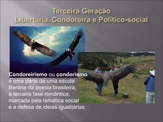 Condoreirismo ou condorismo
é uma parte de uma escola
literária da poesia brasileira,
a terceira fase romântica,
marcada pela temática social
e a defesa de ideias igualitárias.
 