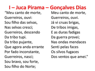 I – Juca Pirama – Gonçalves Dias
“Meu canto de morte,     Meu canto de morte,
Guerreiros, ouvi:        Guerreiros, ouvi.
Sou filho das selvas,    Já vi cruas brigas,
Nas selvas cresci;       De tribos imigas,
Guerreiros, descendo     E as duras fadigas
Da tribo tupi.           Da guerra provei;
Da tribo pujante,        Nas ondas mendaces
Que agora anda errante   Senti pelas faces
Por fado inconstante,    Os silvos fugaces
Guerreiros, nasci;       Dos ventos que amei.”
Sou bravo, sou forte,
Sou filho do Norte;
 