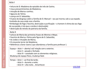 IndíciosTrágicosnostrêsactos
VOLTAR
Acto I
Acto II
• leitura de D. Madalena do episódio de Inês de Castro;
• maus pressentimentos de Madalena;
• intuição de Maria e sonhos;
• Agouros de Telmo;
• crença em D. Sebastião;
• O peso da desgraça sobre a família de D. Manuel – seu pai morreu sob a sua espada.
•Incêndio da casa onde vive a família.
•Simbologia do fogo ( fascínio, destruição e purificação – o homem é vítima do seu fogo
da sua paixão, é ela que o conduz à destruição)
• destruição do retrato do patriarca da família.
• Leitura de Maria das primeiras frases de Menina e Moça;
• Fascínio de Maria e Telmo pela figura de D. Sebastião;
• As visões e intuições de Maria;
• O crescente terror de Madalena;
• Referência a Soror Joana ( que abandonou a família para professar ).
Espaço – Acto I – aberto/ sol/ relação com o exterior;
- Acto II – pesado e fechado.
- Acto III – conotado com os elementos religiosos.
Mudança de espaço físico, mudança fatal.
Tempo – Acto I – ao final da tarde;
- Acto II – durante a noite;
- Acto III – alta noite... Amanhecer.
 