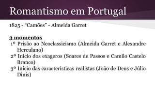 Romantismo em Portugal
1825 - “Camões” - Almeida Garret
3 momentos
1º Prisão ao Neoclassicismo (Almeida Garret e Alexandre
Herculano)
2º Inicío dos exageros (Soares de Passos e Camilo Castelo
Branco)
3º Início das características realistas (João de Deus e Júlio
Dinis)
 