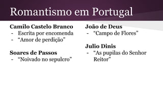 Romantismo em Portugal
Camilo Castelo Branco
- Escrita por encomenda
- “Amor de perdição”
Soares de Passos
- “Noivado no sepulcro”
João de Deus
- “Campo de Flores”
Julio Dinis
- “As pupilas do Senhor
Reitor”
 