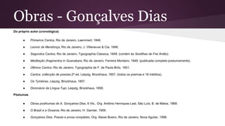 Obras - Gonçalves Dias
Do próprio autor (cronológica)
● Primeiros Cantos, Rio de Janeiro, Laemmert, 1846.
● Leonor de Mendonça, Rio de Janeiro, J. Villeneuve & Cia, 1846.
● Segundos Cantos, Rio de Janeiro, Typographia Classica, 1848. (contém às Sextilhas de Frei Antão).
● Meditação (fragmentos in Guanabara, Rio de Janeiro, Ferreira Monteiro, 1848. (publicada completo postumamente).
● Últimos Cantos, Rio de Janeiro, Typographia de F. de Paula Brito, 1851.
● Cantos: collecção de poezias,2ª ed. Leipzig, Brockhaus, 1857. (todos os poemas e 16 inéditos).
● Os Tymbiras, Leipzig, Brockhaus, 1857.
● Dicionácio da Língua Tupi, Leipzig, Brockhaus, 1858.
Póstumas
● Obras posthumas de A. Gonçalves Dias, 6 Vls., Org. Antônio Henriques Leal, São Luís, B. de Matos, 1868.
● O Brazil e a Oceania, Rio de Janeiro, H. Garnier, 1909.
● Gonçalves Dias: Poesia e prosa completas, Org. Alexei Bueno, Rio de Janeiro, Nova Aguilar, 1998.
 