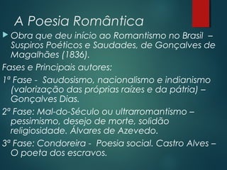 A Poesia Romântica
 Obra que deu início ao Romantismo no Brasil –
Suspiros Poéticos e Saudades, de Gonçalves de
Magalhães (1836).
Fases e Principais autores:
1ª Fase - Saudosismo, nacionalismo e indianismo
(valorização das próprias raízes e da pátria) –
Gonçalves Dias.
2ª Fase: Mal-do-Século ou ultrarromantismo –
pessimismo, desejo de morte, solidão
religiosidade. Álvares de Azevedo.
3ª Fase: Condoreira - Poesia social. Castro Alves –
O poeta dos escravos.
 