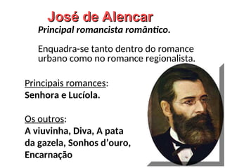 José de Alencar
José de Alencar
Principais romances:
Senhora e Lucíola.
Os outros:
A viuvinha, Diva, A pata
da gazela, Sonhos d’ouro,
Encarnação
Principal romancista romântico.
Enquadra-se tanto dentro do romance
urbano como no romance regionalista.
 