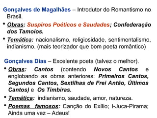 Gonçalves de Magalhães – Introdutor do Romantismo no
Brasil.
 Obras: Suspiros Poéticos e Saudades; Confederação
dos Tamoios.
 Temática: nacionalismo, religiosidade, sentimentalismo,
indianismo. (mais teorizador que bom poeta romântico)
Gonçalves Dias – Excelente poeta (talvez o melhor).
 Obras: Cantos (contendo Novos Cantos e
englobando as obras anteriores: Primeiros Cantos,
Segundos Cantos, Sextilhas de Frei Antão, Últimos
Cantos) e Os Timbiras.
 Temática: indianismo, saudade, amor, natureza.
 Poemas famosos: Canção do Exílio; I-Juca-Pirama;
Ainda uma vez – Adeus!
 