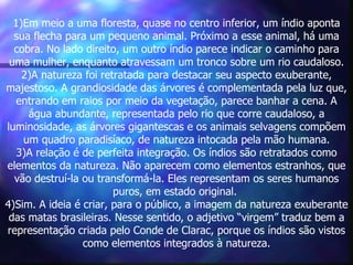 1)Em meio a uma floresta, quase no centro inferior, um índio aponta
  sua flecha para um pequeno animal. Próximo a esse animal, há uma
  cobra. No lado direito, um outro índio parece indicar o caminho para
 uma mulher, enquanto atravessam um tronco sobre um rio caudaloso.
    2)A natureza foi retratada para destacar seu aspecto exuberante,
majestoso. A grandiosidade das árvores é complementada pela luz que,
   entrando em raios por meio da vegetação, parece banhar a cena. A
     água abundante, representada pelo rio que corre caudaloso, a
luminosidade, as árvores gigantescas e os animais selvagens compõem
    um quadro paradisíaco, de natureza intocada pela mão humana.
   3)A relação é de perfeita integração. Os índios são retratados como
elementos da natureza. Não aparecem como elementos estranhos, que
  vão destruí-la ou transformá-la. Eles representam os seres humanos
                        puros, em estado original.
4)Sim. A ideia é criar, para o público, a imagem da natureza exuberante
 das matas brasileiras. Nesse sentido, o adjetivo “virgem” traduz bem a
representação criada pelo Conde de Clarac, porque os índios são vistos
                 como elementos integrados à natureza.
 
