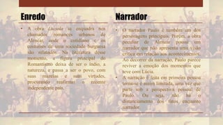 Enredo
• A obra Lucíola se enquadra nos
chamados romances urbanos de
Alencar, onde o cotidiano e os
costumes de uma sociedade burguesa
são relatados. Na literatura desse
momento, a figura principal do
Romantismo deixa de ser o índio, a
natureza, e passa a ser o povo, com
suas mazelas e suas virtudes,
procurando reafirmar o recente
independente país.
Narrador
• O narrador Paulo é também um dos
personagens principais. Porém, a obra
peculiar de Alencar possui um
narrador que não apresenta uma visão
crítica em relação aos acontecimentos.
Ao decorrer da narração, Paulo parece
reviver a emoção dos momentos que
teve com Lúcia.
• A narração é feita em primeira pessoa
torna-se e assim limitada, uma vez que
parte sob a perspectiva pessoal de
Paulo. Ou seja, não há o
distanciamento dos fatos enquanto
narrador.
 