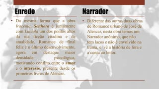 Enredo
• Da mesma forma que a obra
Iracema, Senhora é juntamente
com Lucíola um dos pontos altos
da sua ficção citadina e de
atualidade. Romance de final
feliz é o último desenvolvimento,
agora em destaque maior
densidade psicológica,
motivando conflito entre o amor
e o interesse, presente desde os
primeiros livros de Alencar.
Narrador
• Diferente das outras duas obras
de Romance urbano de José de
Alencar, nesta obra temos um
Narrador anônimo, que não
tem laços e não é envolvido na
trama, e vê a história de fora e
a conta ao leitor.
 