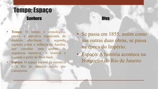 Tempo; Espaço
• Tempo: O tempo é cronológico,
sendo, a narrativa organizada de
maneira não-linear. O segundo
capítulo relata a infância de Aurélia,
que constitui uma quebra da
sequência narrativa. A história é
contada a partir de flash-back.
• Espaço: O espaço central da narrativa
é o Rio de Janeiro, bairro das
Laranjeiras.
Senhora
• Se passa em 1855, assim como
nas outras duas obras, se passa
na época do Império.
• Espaço: A história acontece na
Burguesia do Rio de Janeiro
Diva
 