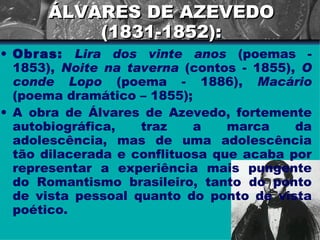 ÁLVARES DE AZEVEDO (1831-1852): Obras:   Lira dos vinte anos  (poemas - 1853),  Noite na taverna  (contos - 1855),  O conde Lopo  (poema - 1886),  Macário  (poema dramático – 1855); A obra de Álvares de Azevedo, fortemente autobiográfica, traz a marca da adolescência, mas de uma adolescência tão dilacerada e conflituosa que acaba por representar a experiência mais pungente do Romantismo brasileiro, tanto do ponto de vista pessoal quanto do ponto de vista poético. 