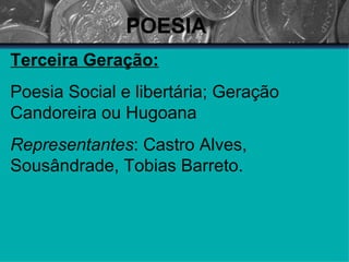 POESIA Terceira Geração: Poesia Social e libertária; Geração Candoreira ou Hugoana Representantes : Castro Alves, Sousândrade, Tobias Barreto. 