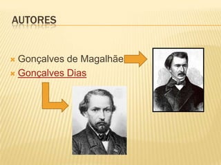 AUTORES


 Gonçalves de Magalhães
 Gonçalves Dias
 