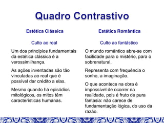 Estética Clássica
Culto ao real
Um dos princípios fundamentais
da estética clássica é a
verossimilhança.
As ações inventadas são tão
vinculadas ao real que é
possível dar crédito a elas.
Mesmo quando há episódios
mitológicos, os mitos têm
características humanas.
Estética Romântica
Culto ao fantástico
O mundo romântico abre-se com
facilidade para o mistério, para o
sobrenatural.
Representa com frequência o
sonho, a imaginação.
O que acontece na obra é
impossível de ocorrer na
realidade, pois é fruto de pura
fantasia: não carece de
fundamentação lógica, do uso da
razão.
 