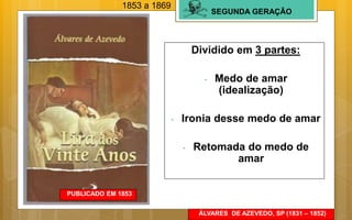 SEGUNDA GERAÇÃO
Dividido em 3 partes:
- Medo de amar
(idealização)
- Ironia desse medo de amar
- Retomada do medo de
amar
PUBLICADO EM 1853
ÁLVARES DE AZEVEDO, SP (1831 – 1852)
1853 a 1869
 