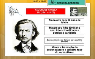 SEGUNDA GERAÇÃO
FAGUNDES VARELA
RJ (1841 – 1875)
Alcoólatra com 14 anos de
idade
Escreve Cântico do Calvário para seu filho
Emiliano
Matou seu filho Emiliano
sem intencionalidade e
perdeu a sanidade
Marca a transição da
segunda para a terceira fase
do romantismo
1853 a 1869
 