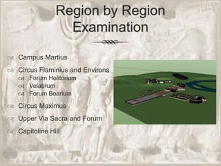Region by Region ExaminationCampus MartiusCircus Flaminius and EnvironsForum HolitoriumVelabrumForum BoariumCircus MaximusUpper Via Sacra and ForumCapitoline Hill