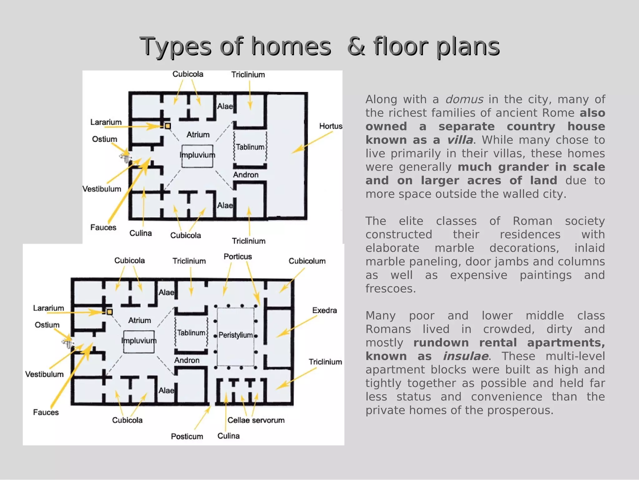 Types of homes & floor plans

                 Along with a domus in the city, many of
                 the richest families of ancient Rome also
                 owned a separate country house
                 known as a villa. While many chose to
                 live primarily in their villas, these homes
                 were generally much grander in scale
                 and on larger acres of land due to
                 more space outside the walled city.

                 The elite classes of Roman society
                 constructed   their    residences   with
                 elaborate marble decorations, inlaid
                 marble paneling, door jambs and columns
                 as well as expensive paintings and
                 frescoes.

                 Many poor and lower middle class
                 Romans lived in crowded, dirty and
                 mostly rundown rental apartments,
                 known as insulae. These multi-level
                 apartment blocks were built as high and
                 tightly together as possible and held far
                 less status and convenience than the
                 private homes of the prosperous.
 