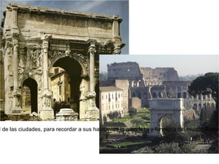 BASÍLICAS Eran edificios de carácter administrativo y comercial. Sedes de la administración de justicia, centros de reunión para las relaciones comerciales y los negocios y lugares de encuentro.  El modelo procede de la  Grecia helenística: planta rectangular y consta de una nave central  (con vanos en la parte superior para iluminar el recinto) y dos laterales de menor altura y más estrechas, separadas por columnatas. El muro del fondo tiene forma semicircular: ábside. Las cubiertas de este edificio eran de bóveda de cañón en las naves laterales y de aristas en la central. 