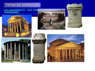 TEATRO Es el lugar donde se desarrollaban las representaciones teatrales.   El teatro romano deriva del griego pero se diferencia de aquel en que la cávea se sitúa sobre una serie de galerías abovedadas y con una fachada exterior de estructura mixta de arco, bóveda y adintelamiento.  1.-PROSCENIO 2.-ESCENA  3.-CORO  4, 5, 6.7.-CÁVEA  8.-VOMITORIOS 