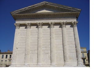 ANFITEATROS Edificio formado por dos teatros juntos (opuestos).  Creación  romana. para celebrar luchas de fieras y de gladiadores. Combates navales (naumaquias). También se realizaban sacrificios humanos de ladrones y disidentes (cristianos). Tenía planta elíptica y estaba cerrado. Fachada similar a la del teatro. Consta de: - arena  - cávea  El más importante es el COLISEO DE ROMA. 