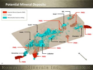 Poten,al	
  Mineral	
  Deposits	
  
                                                                                                                    601	
  
          Poten6al	
  Mineral	
  Deposits	
  (PMD)	
                                                                                            PMD	
  
                                                                                              Small	
  
          Surface	
  

          Mineraliza6on	
  based	
  on	
  drilling	
  

                                                                     PMD	
  

                                                         South	
  



                                         Snake	
  
                                                                                                                                                          PMD	
  
                                                                                                                                 Champion	
  


                                                                                                             Chase	
  Hill	
  
                                                                                                                                   PMD	
  

                        PMD	
                                                                             PMD	
  

                    Horseshoe	
                                                     Ledbeier	
  
                                                                          PMD	
  

                                               PMD	
  
19	
  
 