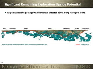 Signiﬁcant	
  Remaining	
  Explora,on	
  Upside	
  Poten,al	
  

             §  Large	
  district	
  land	
  package	
  with	
  numerous	
  untested	
  zones	
  along	
  Haile	
  gold	
  trend	
  




         601	
      Champion	
                              Small	
                                                           South	
     Ledbeier	
     Snake	
        Horseshoe	
  




  Haile	
  Long	
  Sec,on	
  –	
  Mineraliza,on	
  based	
  on	
  drill	
  data	
  through	
  September	
  30th	
  2010	
                                            US$950	
  GOLD	
  




21	
  
 