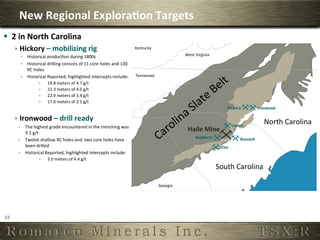 New	
  Regional	
  Explora,on	
  Targets	
  
§  2	
  in	
  North	
  Carolina	
  
         ê  Hickory	
  –	
  mobilizing	
  rig	
                                                   Kentucky	
  
           ê  Historical	
  producOon	
  during	
  1800s	
                                                                      West	
  Virginia	
  

           ê  Historical	
  drilling	
  consists	
  of	
  11	
  core	
  holes	
  and	
  130	
  
                   RC	
  holes	
  
           ê  Historical	
  Reported,	
  highlighted	
  intercepts	
  include:	
                  Tennessee	
  
                            ê  19.8	
  meters	
  of	
  4.7	
  g/t	
  
                            ê  21.3	
  meters	
  of	
  4.0	
  g/t	
  
                            ê  22.9	
  meters	
  of	
  3.4	
  g/t	
  
                            ê  17.0	
  meters	
  of	
  2.1	
  g/t	
  
              	
                                                                                                                                              Hickory	
                 Ironwood	
  

         ê  Ironwood	
  –	
  drill	
  ready	
                                                                                                                                              North	
  Carolina	
  
          ê  The	
  highest	
  grade	
  encountered	
  in	
  the	
  trenching	
  was	
                                                                             Locust	
  
                   9.1	
  g/t	
  
                                                                                                                                   Haile	
  Mine	
  
                                                                                                                                         Bayberry	
                       Buzzard	
  
          ê  Twelve	
  shallow	
  RC	
  holes	
  and	
  	
  two	
  core	
  holes	
  have	
  
                   been	
  drilled	
  	
                                                                                                                  Elm	
  
          ê  Historical	
  Reported,	
  highlighted	
  intercepts	
  include:	
  
                                 ê  3.0	
  meters	
  of	
  4.4	
  g/t	
  
              	
                                                                                                                                        South	
  Carolina	
  

                                                                                                                   Georgia	
  




32	
  
 