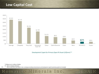Low	
  Capital	
  Cost	
  




                                                                                                Development	
  Capex	
  for	
  Primary	
  Open	
  Pit	
  Asset	
  (US$mm)	
  (1)	
  




         *	
  All	
  ﬁgures	
  are	
  in	
  millions	
  of	
  dollars	
  
         (1)	
   	
  Source:	
  Company	
  Disclosure	
  
12	
                 Peers	
  include	
  direct	
  and	
  indirect	
  costs,	
  con:ngency	
  funding	
  and	
  previously	
  sunk	
  development	
  capital	
  (sustaining	
  capital	
  not	
  included)	
  
         	
  
 