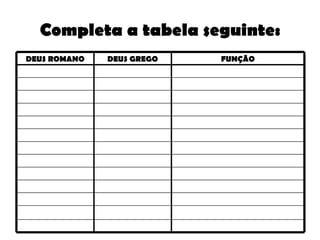 Completa a tabela seguinte: DEUS ROMANO DEUS GREGO FUNÇÃO 