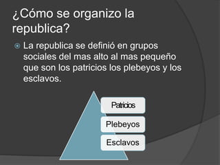 ¿Cómo se organizo la
republica?
 La republica se definió en grupos
sociales del mas alto al mas pequeño
que son los patricios los plebeyos y los
esclavos.
Patricios
Plebeyos
Esclavos
 