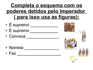 É supremo ____________ É supremo ____________ Convoca ______________  Nomeia _______________ Faz ___________________ Completa o esquema com os poderes detidos pelo Imperador  ( para isso usa as figuras): 