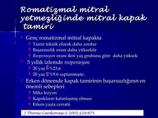 Romatizmal mitralRomatizmal mitral
yetmezli inde mitral kapakğyetmezli inde mitral kapakğ
tamiritamiri
 Genç romatizmal mitral kapaktaGenç romatizmal mitral kapakta
 Tamir teknik olarak daha zordurTamir teknik olarak daha zordur
 Başarısızlık oranı daha yüksektirBaşarısızlık oranı daha yüksektir
 ReoperasyonReoperasyon oranı ileri yaş grubuna göre daha yüksekoranı ileri yaş grubuna göre daha yüksek
 5 yıllık izlemde5 yıllık izlemde reoperasyonreoperasyon
 20 yaş %23.620 yaş %23.6
 20 yaş %9.6 saptanmıştır.20 yaş %9.6 saptanmıştır.
 Erken dönemde kapak tamirinin başarısızlığının enErken dönemde kapak tamirinin başarısızlığının en
önemli sebepleriönemli sebepleri
 Miks lezyonMiks lezyon
 Kapakların kalınlaşmış olmasıKapakların kalınlaşmış olması
 Erken yaşta cerrahiErken yaşta cerrahi
J Thorac Cardiovasc S 2005;129:875
 